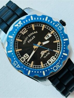 Tommy Bahama Beach Cruiser Men's Watch Silver Blue Bezel Black Band TBRLX1105